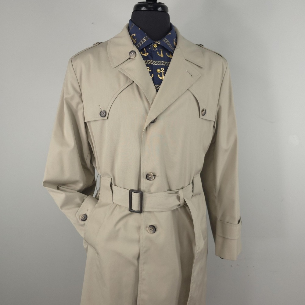 Vintage Botany 500 Trench Coat Mens 42 Beige Belted Plaid Lined USA Mid‎ Length